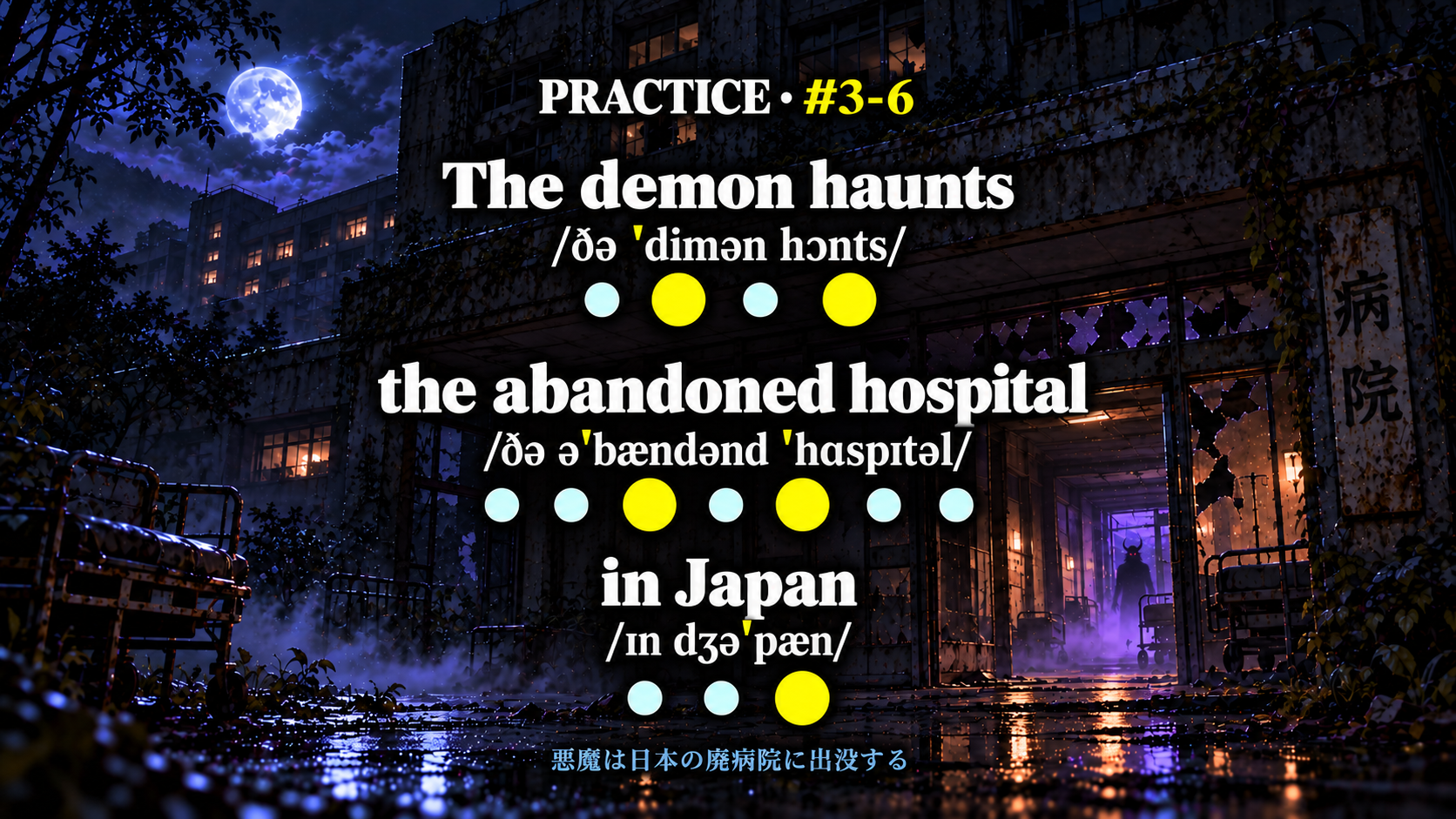 The demon haunts the abandoned hospital in Japan の発音記号と強勢の塗り丸を示す練習スライド