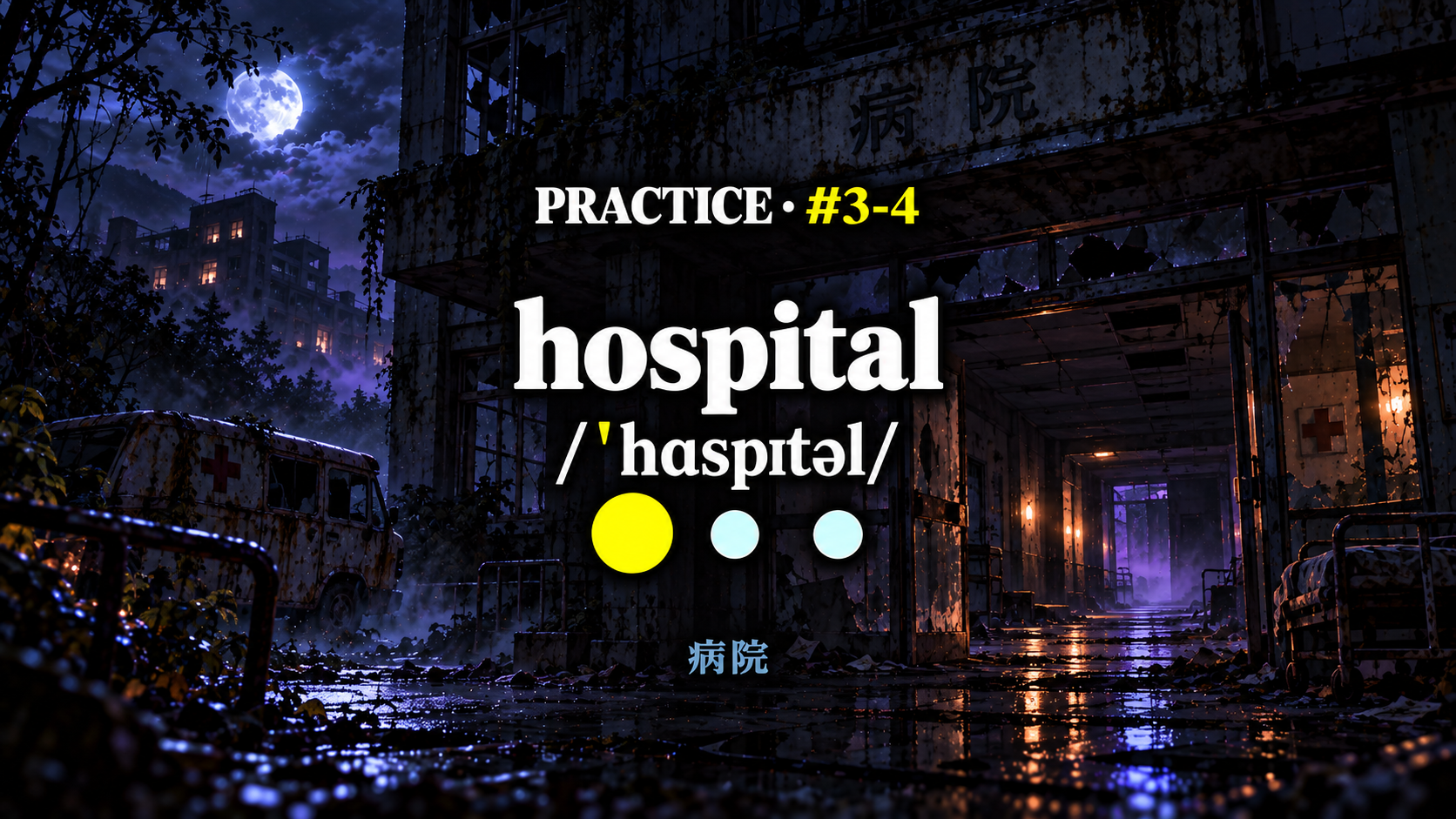 hospital /ˈhɑspɪtəl/ と控えめな日本語訳を載せた練習スライド