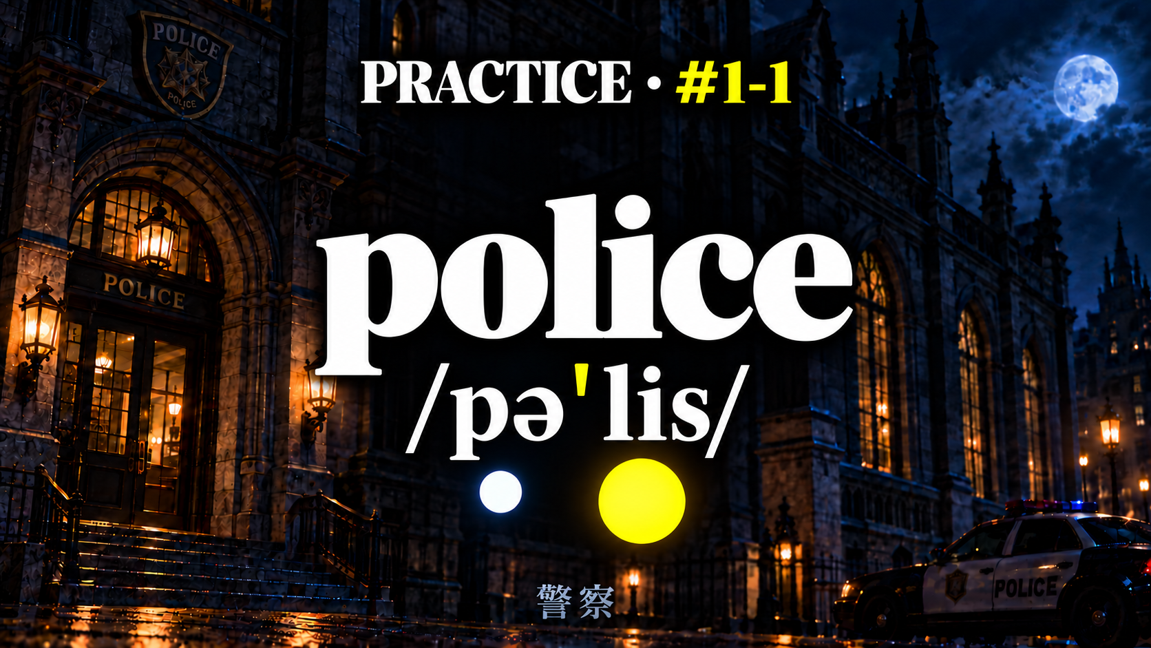 警察署の夜景を背景に、police /pəˈlis/ と控えめな日本語訳を載せた練習スライド