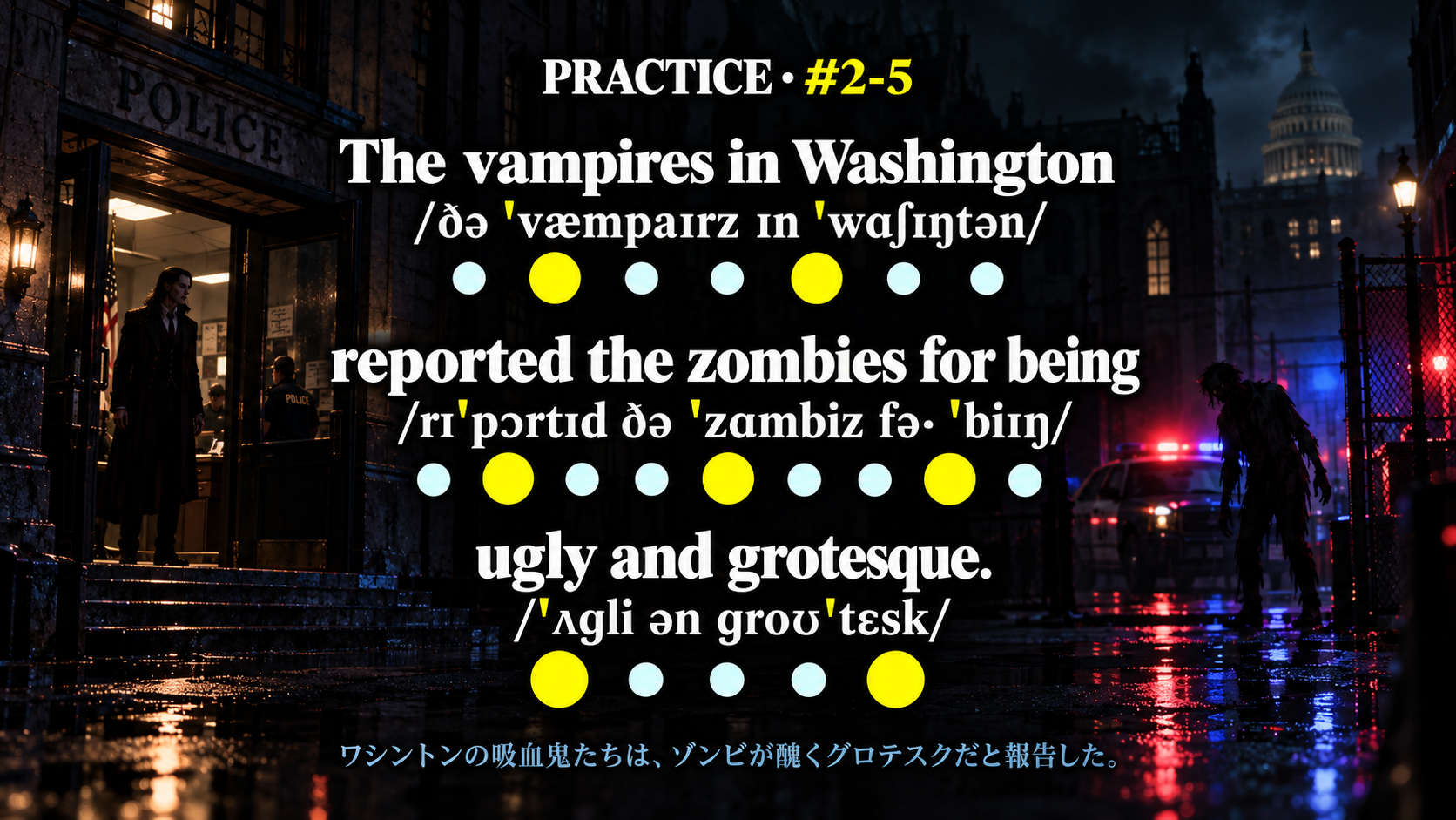 The vampires in Washington reported the zombies for being ugly and grotesque. の発音記号と強勢の塗り丸を示す練習スライド